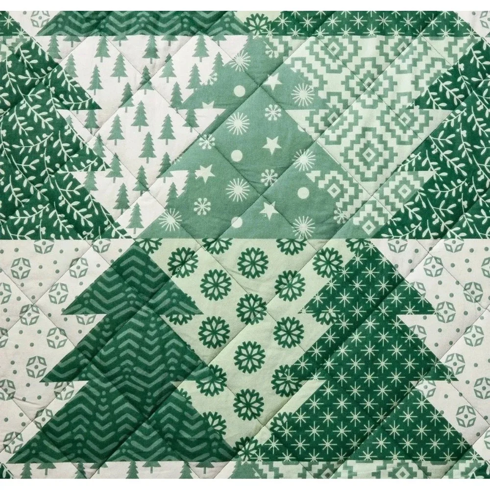 Hallmark Green Christmas Tree Patchwork Quilt Set Holiday Bedding w/ Shams
